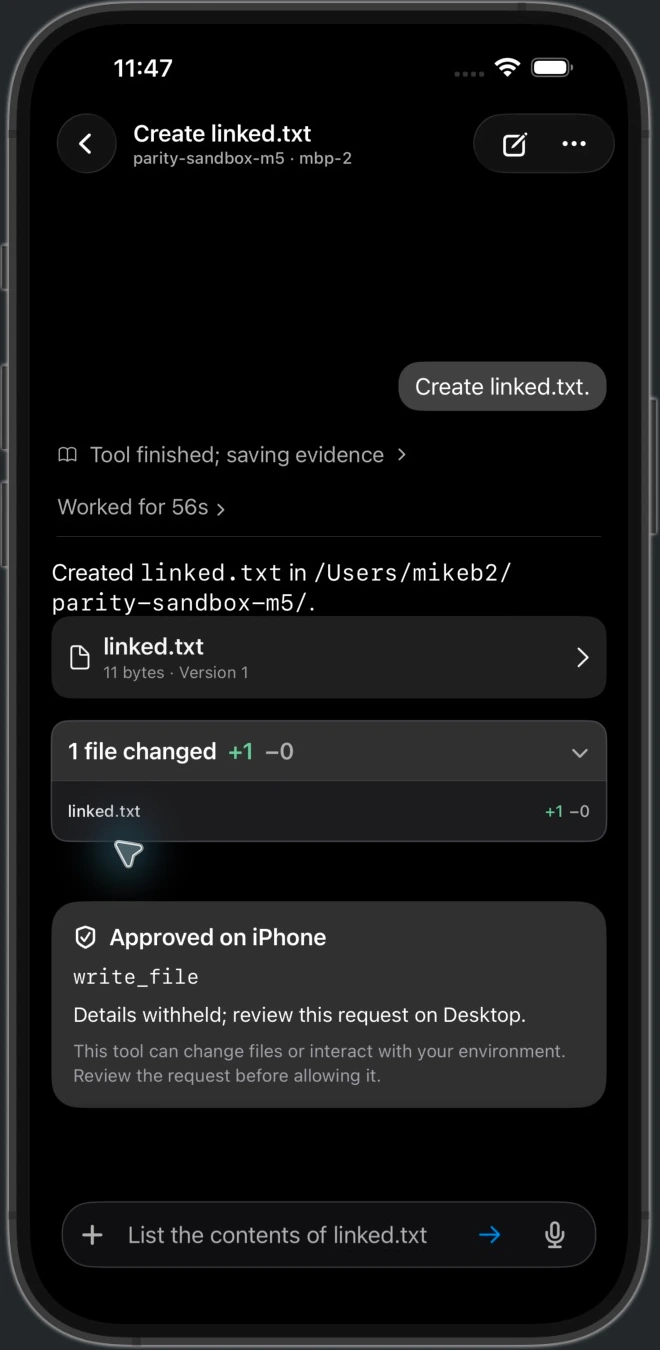 Bridge on iPhone showing a synthetic file request, result and approval